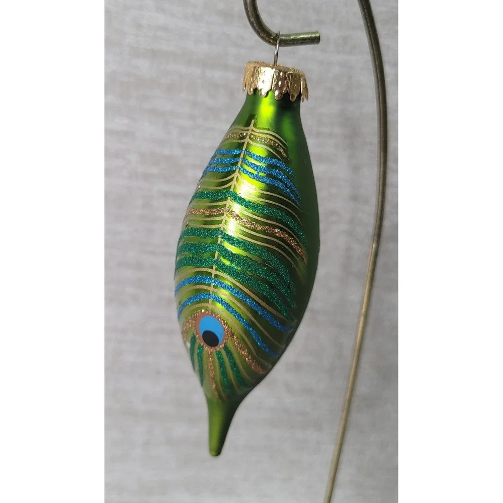 4pc Peacock Feather Glass Christmas Ornaments Teal Blue Green Glitter Set